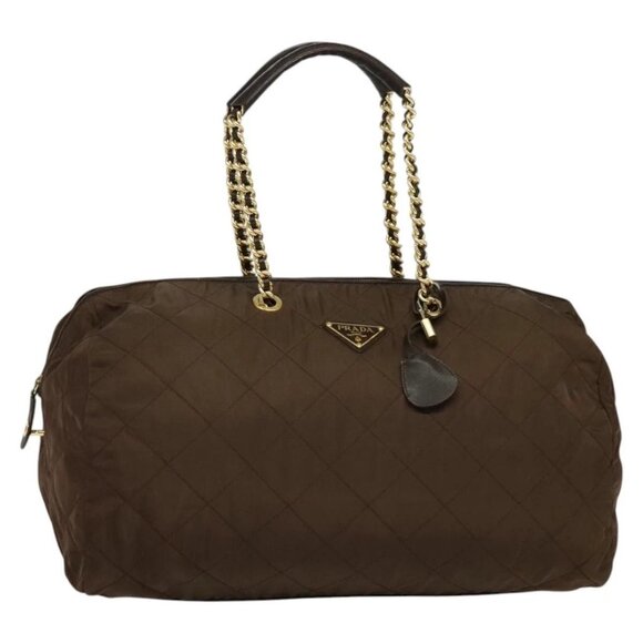 PRADA Boston Bag Nylon Brown Gold Auth sw1308 - Picture 1 of 16